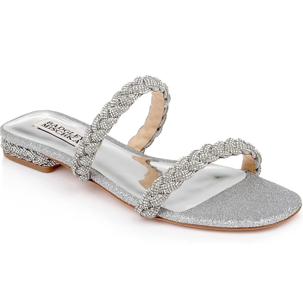 Badgley Mischka Silver Femme Glitter Flat Sandal With Bejeweled Braided Straps